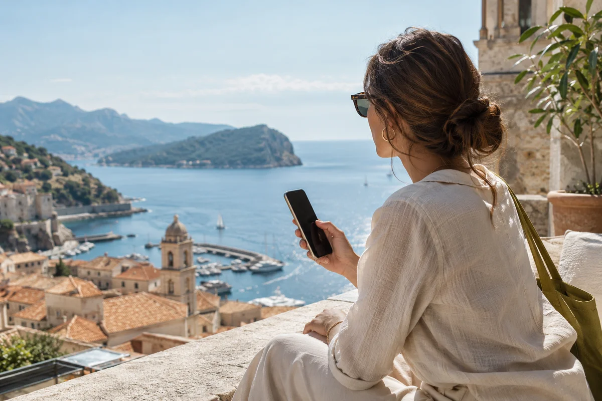 A traveller enjoying the Mediterranean coast with a phone